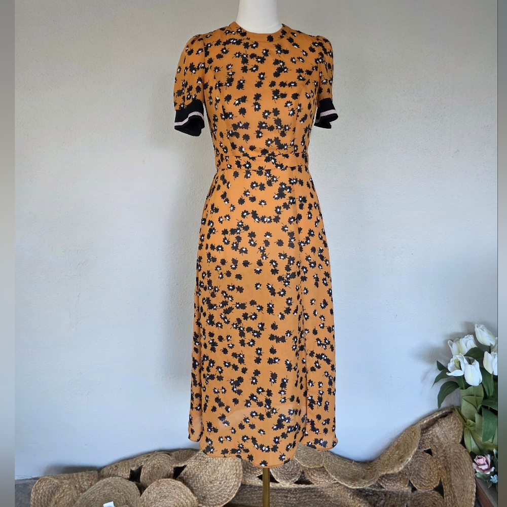 Saylor Mustard Floral Open Back Midi Dress Size Small Puff Sleeve Tie Back S